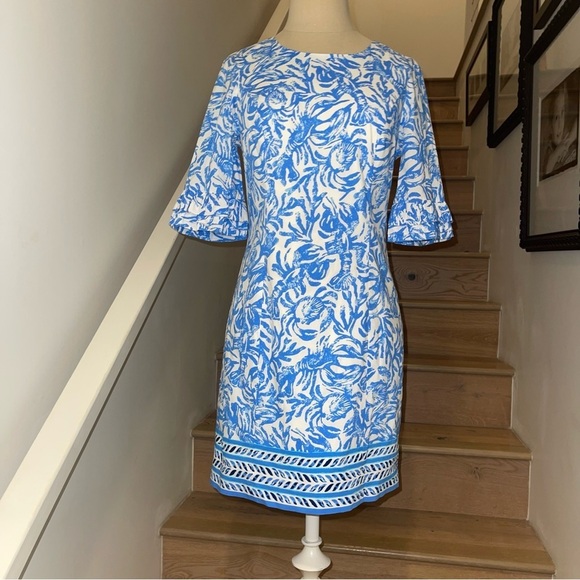 Lily Pulitzer Fiesta Stretch Dress Blue & White Key Hole Back Preppy Resort Wear - Picture 4 of 13